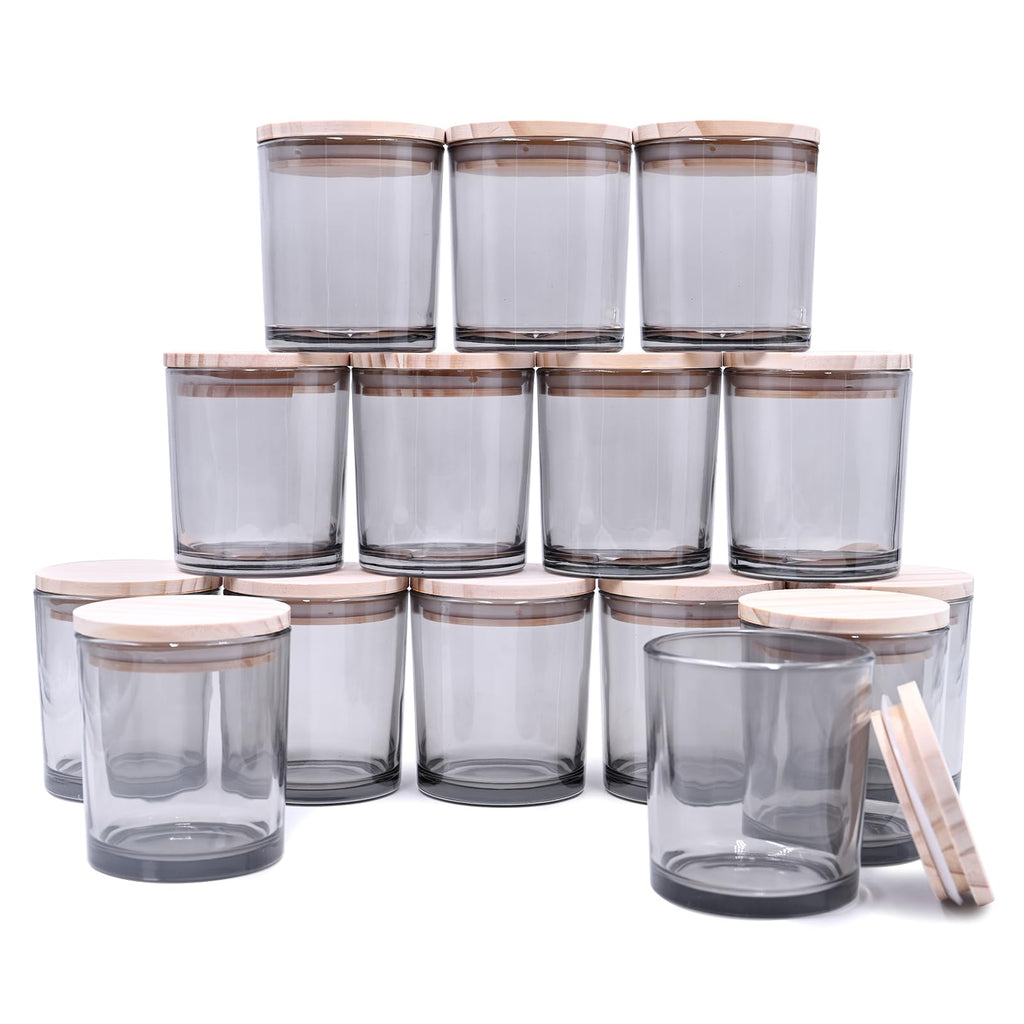 SHOWIN 10 OZ Thick Candle Jars for Making Candles 15 Pcs, Empty Jars with Wood Lids for Candle Making, Sample Container, Frosted Grey