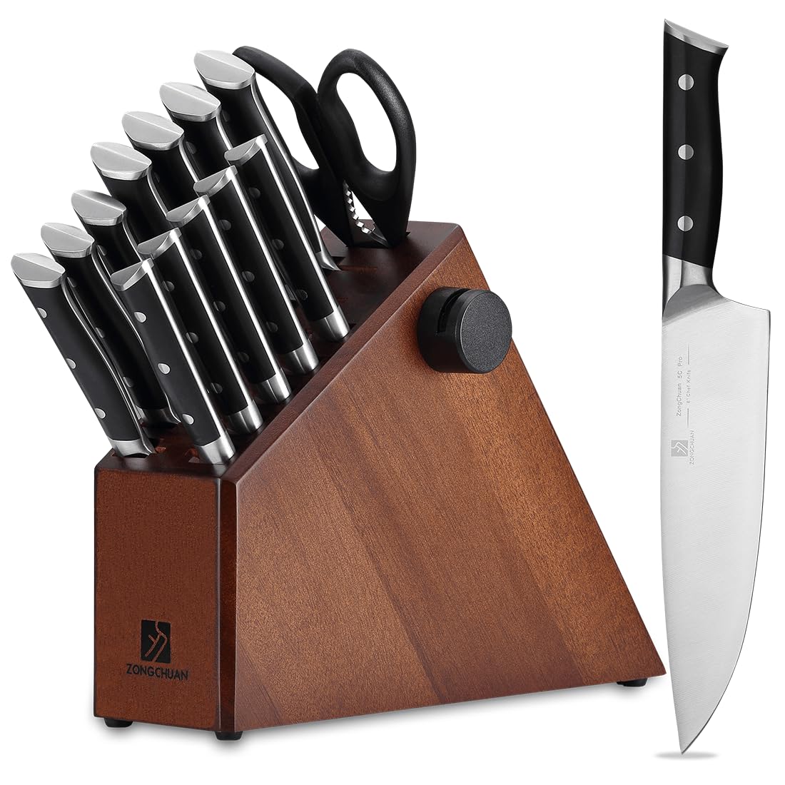 Knife Set,15-Piece Kitchen Knife Set with Block and Sharpener,50Cr15Mov High Carbon Stainless Steel,Razor Sharp Professional Knives,Ultra-Smooth knife,Ergonomic Black Anti-slip Handles,Dishwasher Safe