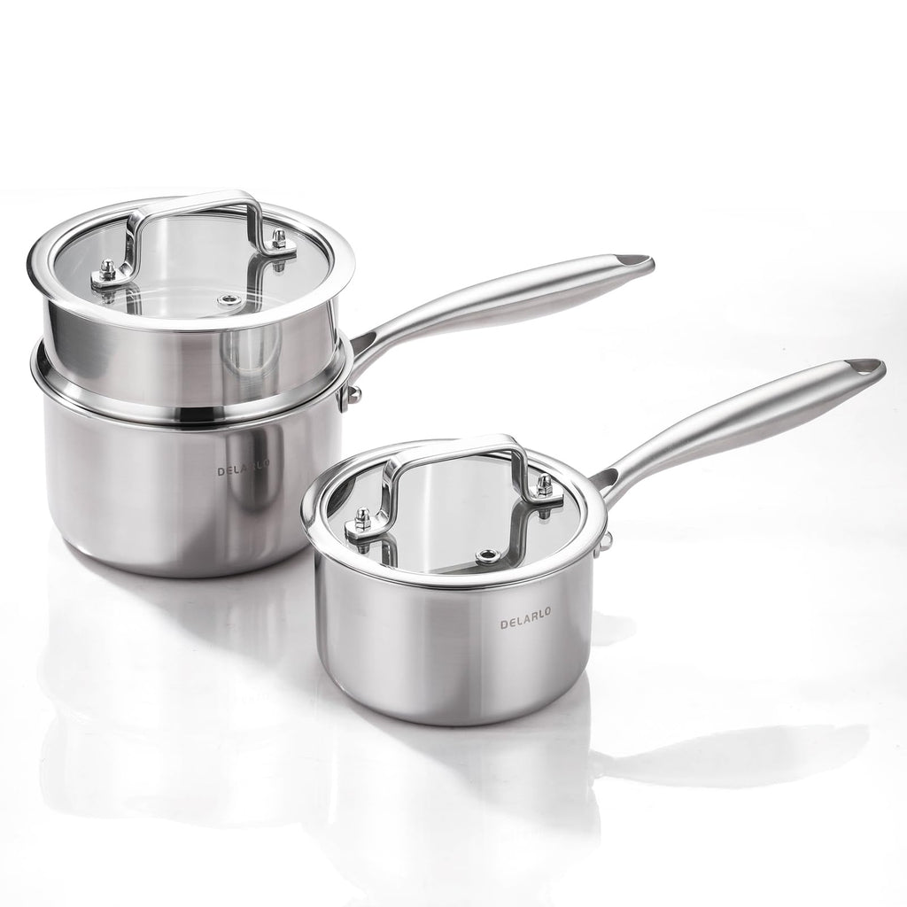 DELARLO Full-body Clad Tri-Ply Stainless Steel 3 Quart Saucepan with Lid
