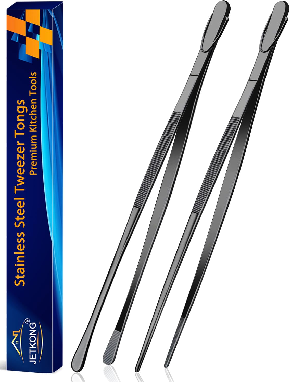 JETKONG 2 Pcs 12-Inch Cooking Tweezer Tongs Stainless Steel Kitchen Tweezers Plating Tongs (Navy Blue)