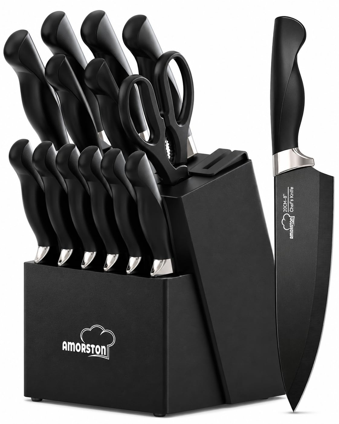 Amorston Knife Set 15 Piece Kitchen Knife Set with Block
