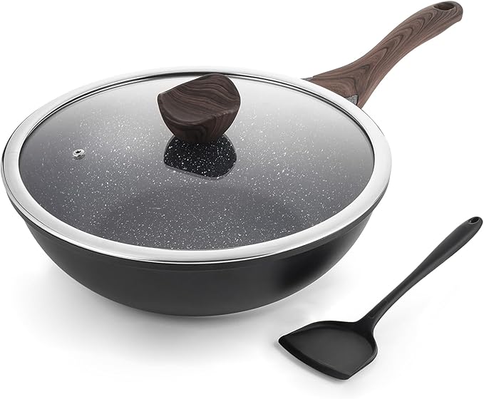 Kordisen Ceramic Wok Pan, 12 Inch Nonstick Wok with Lid, Healthy Non Toxic Woks & Stir-fry Pans for Cooking, Induction Cookware, PFOA & PFAS Free (Grey)