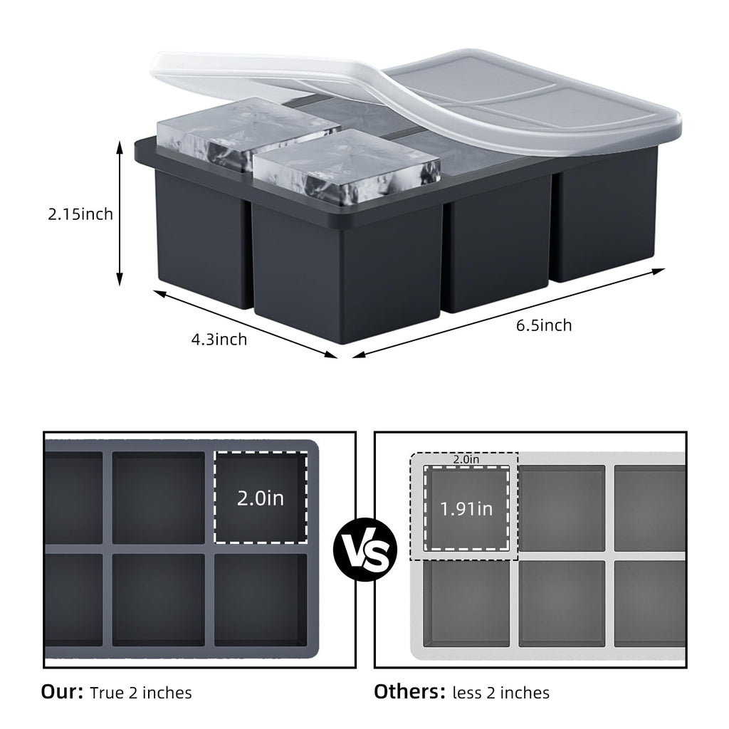 Large Ice Cube Tray for Whiskey 3 Pack, HANCELANT Big Silicone Square Ice Cube Mold with Removable Lid, 2'' Huge Square Ice Cubed Tray for Whisky and Cocktail