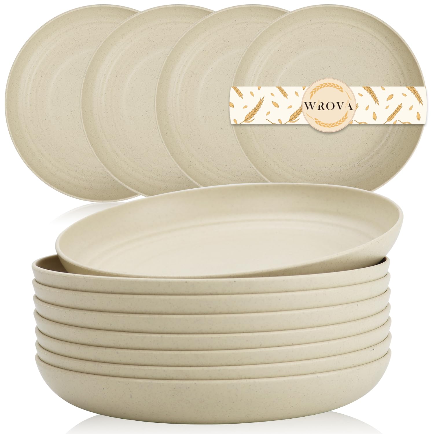 Wrova Wheat Straw Plates - 9 Inch Unbreakable Dinner Plates Set of 8 - Dishwasher & Microwave Safe Plastic Plates Reusable - Lightweight Plates for kitchen,R.V. (Beige)
