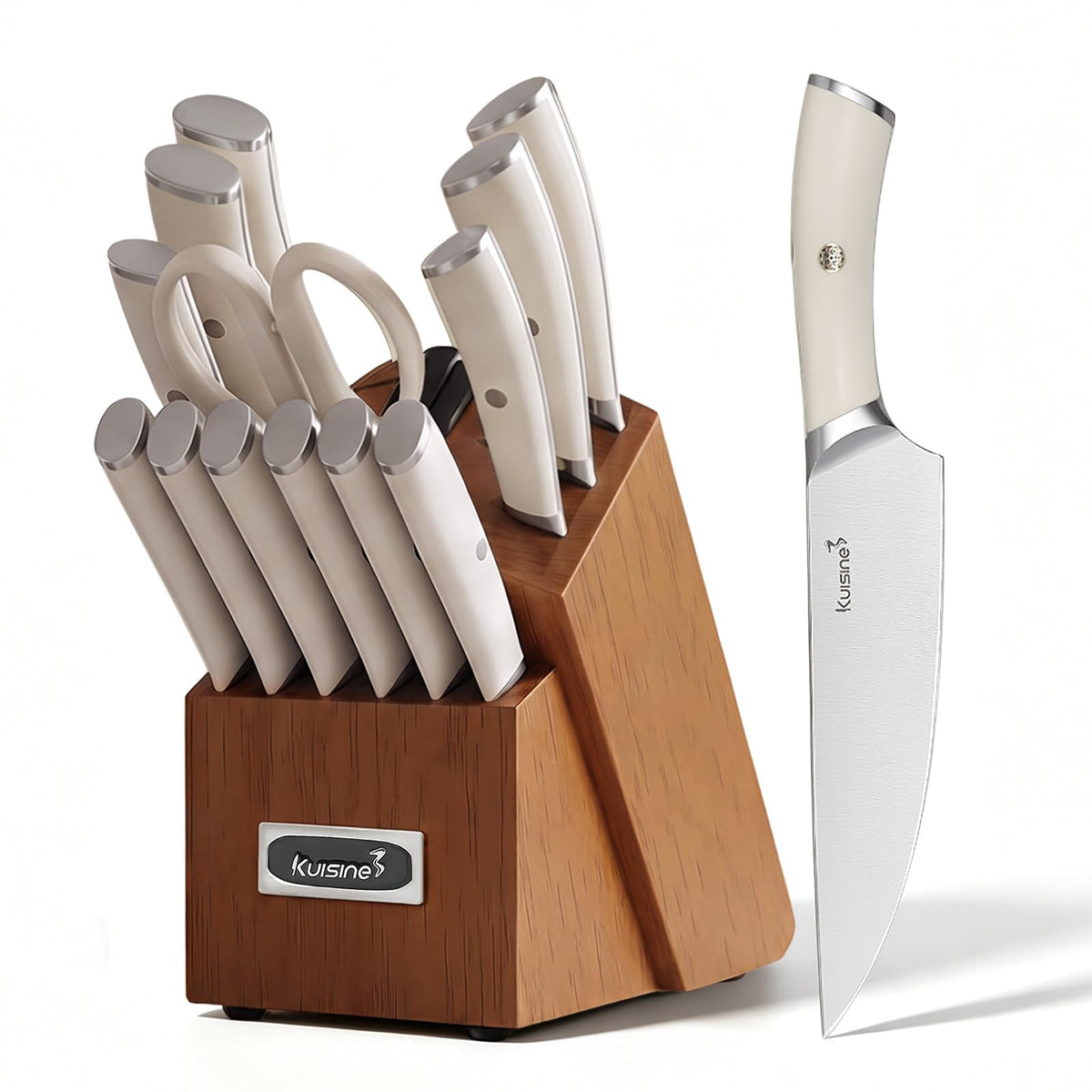 KUISINE Chef Knife Set, High Carbon Stainless Steel Ultra Sharp Blade Ergonomic Handle, Kitchen Knife Block Set with Built-in Sharpener, Elegant Gift for Holiday(15 PCS Pro White)