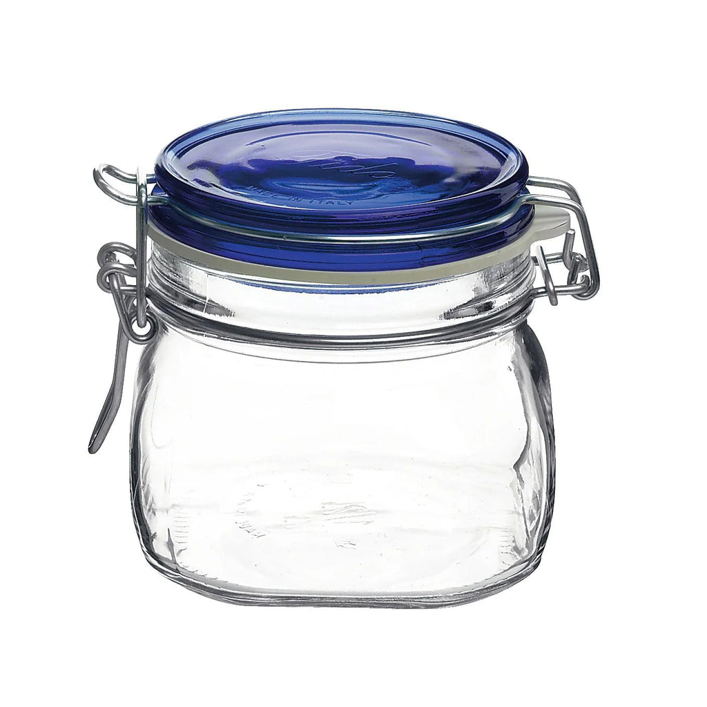 Bormioli Rocco Fido Glass Jar, Blue Lid - Serving & Entertaining Container - 33.75 oz Airtight Clamp Canister for Appetizers, Desserts, Snacks & Gifting - Italian Glass, Dishwasher Safe