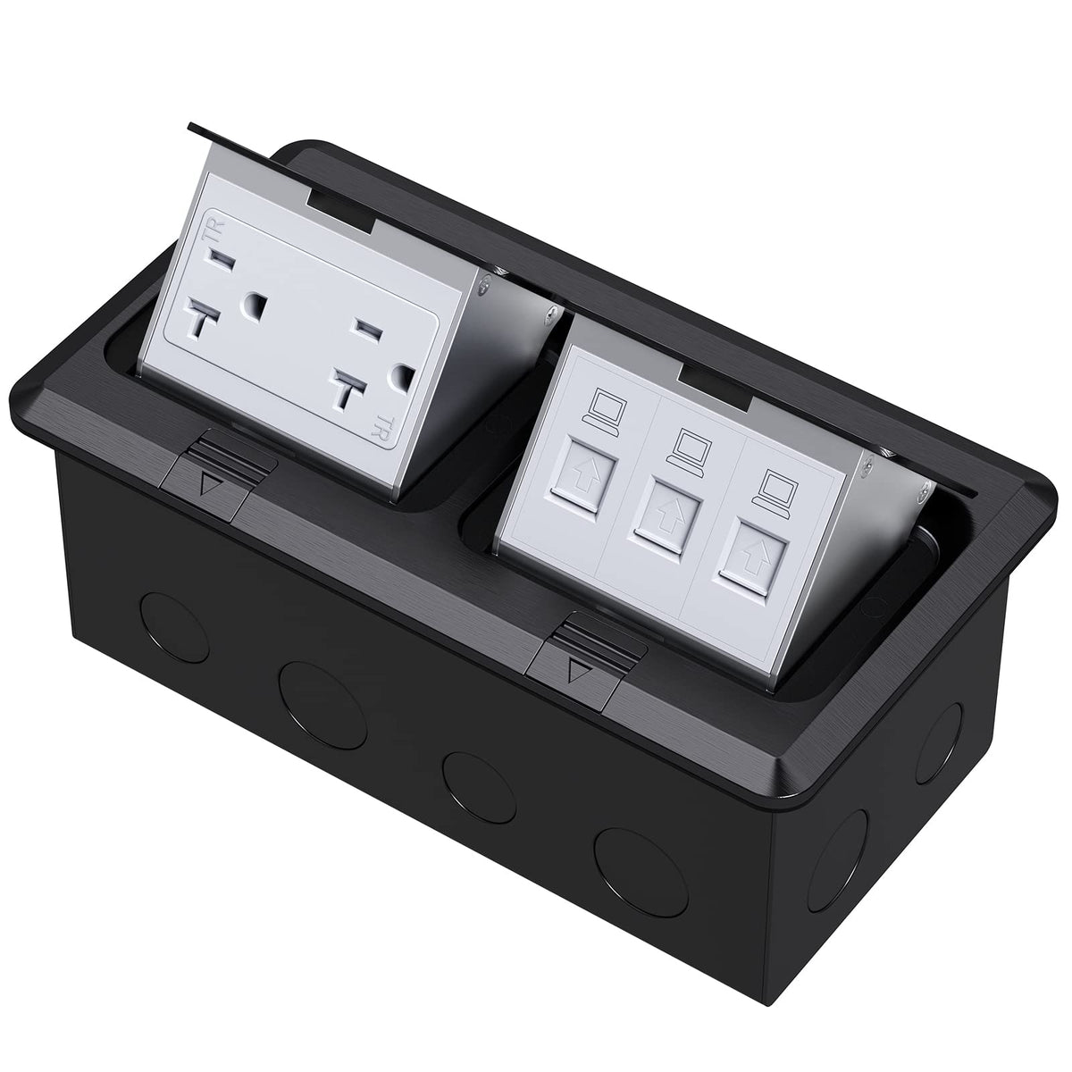 KYHSHJ Dual Pop-Up Floor Electrical Outlet Box Kit，20 Amp Stainless Steel GFCI TR Receptacle Outlet，3-Port RJ45 Datacom Receptacle， Black