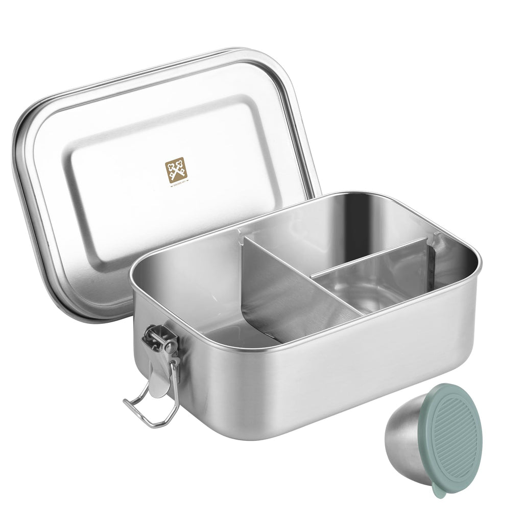 GOLDEN KEY 27oz Stainless Steel Bento Box for Kids,800ml Stainless Steel Lunch Box with Leakproof Condiment Container,3 Compartment Snack Containers,Freezer & Dishwasher Safe (Green)