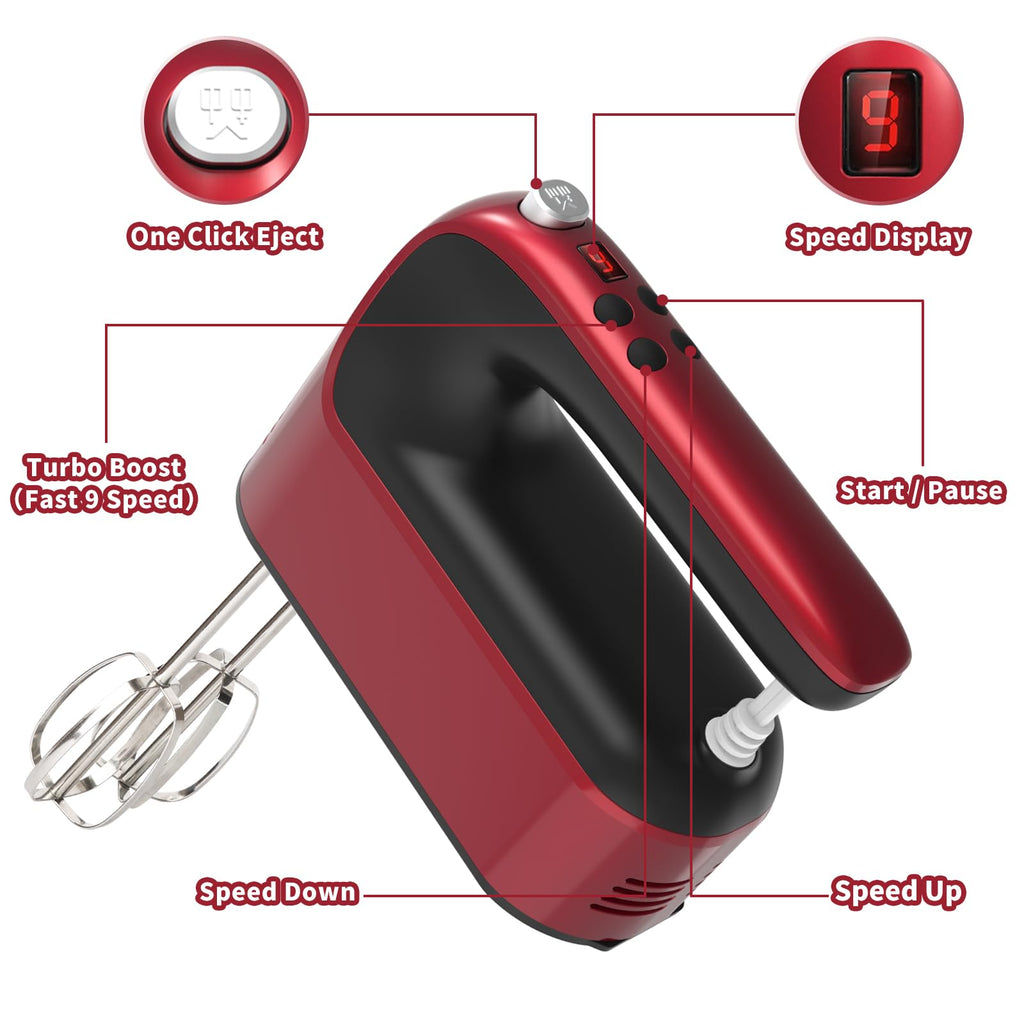 Yomelo 9-Speed Digital Hand Mixer Electric, 400W Powerful DC Motor, Hand Mixer Electric Handheld with Snap-On Storage Case, 5 Stainless Steel Accessories, Beaters, Dough Hooks, Whisk(Red)