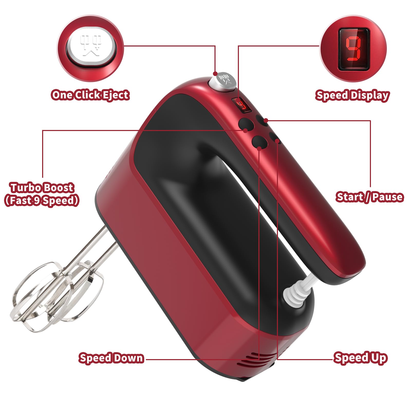 Yomelo 9-Speed Digital Hand Mixer Electric, 400W Powerful DC Motor, Hand Mixer Electric Handheld with Snap-On Storage Case, 5 Stainless Steel Accessories, Beaters, Dough Hooks, Whisk(Red)