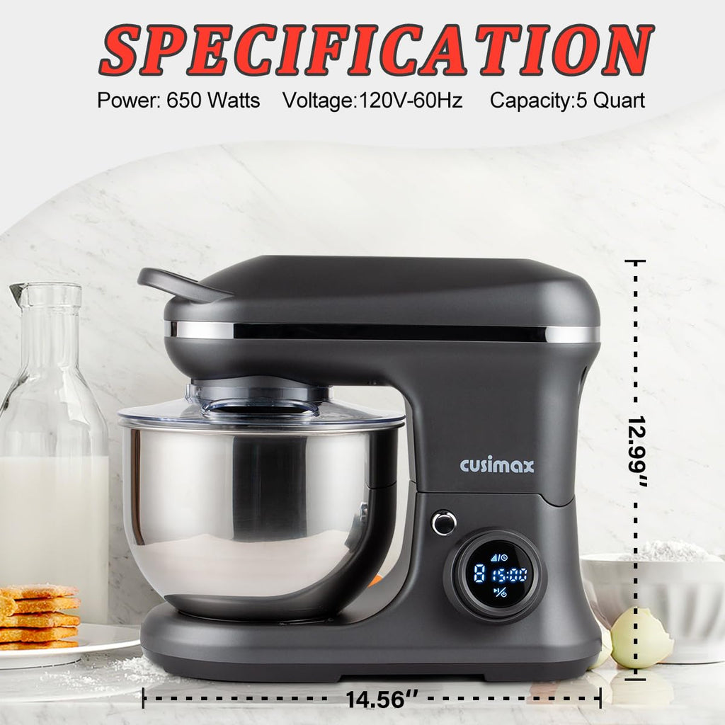 CUSIMAX Stand Mixer with Digital Switch Control, 5-Quart, 650W, Grey