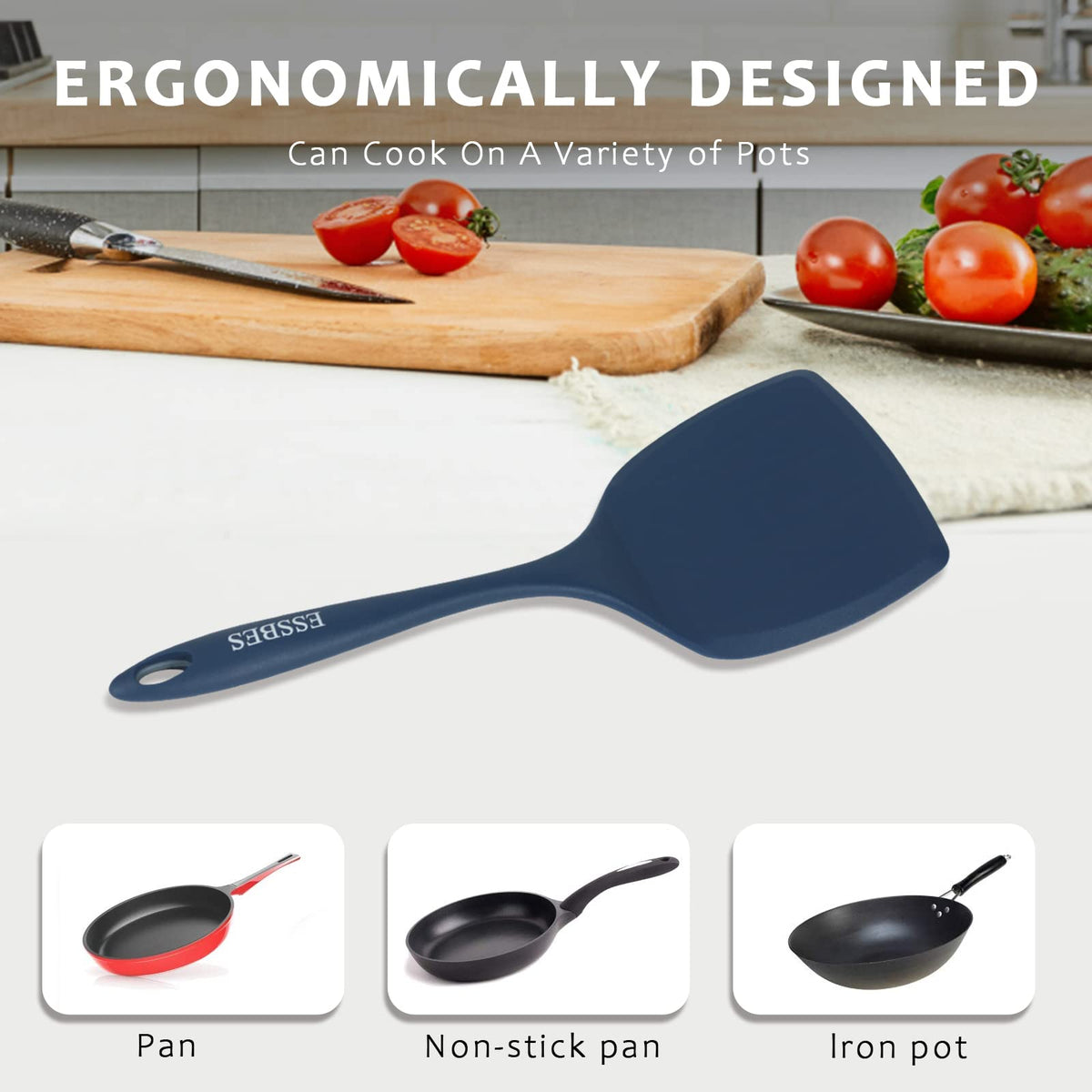 ESSBES Extra Large Silicone Turner - 600F Heat Resistant Nonstick Flexible Kitchen Spatula, BPA Free Dishwasher Safe Utensils, Nonslip Grips One Piece Cookware Suitable for Cooking Baking (Blue)