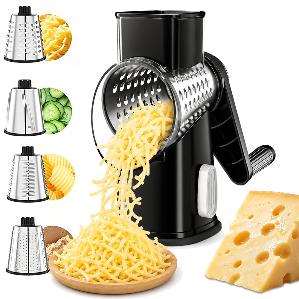 VEKAYA Rotary Cheese Grater Hand Crank, 4 blades Cheese Shredder (Black)