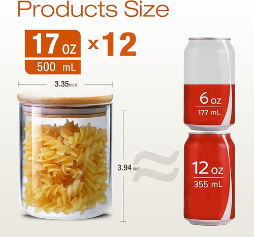17 oz Glass Jars with Bamboo Lids, Airtight Food Storage Containers, 12Pack