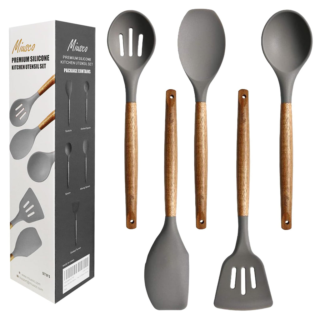 Miusco Non-Stick Silicone Cooking Utensils Set with Natural Acacia Hard Wood Handle, 5 Piece, High Heat Resistant (Green)