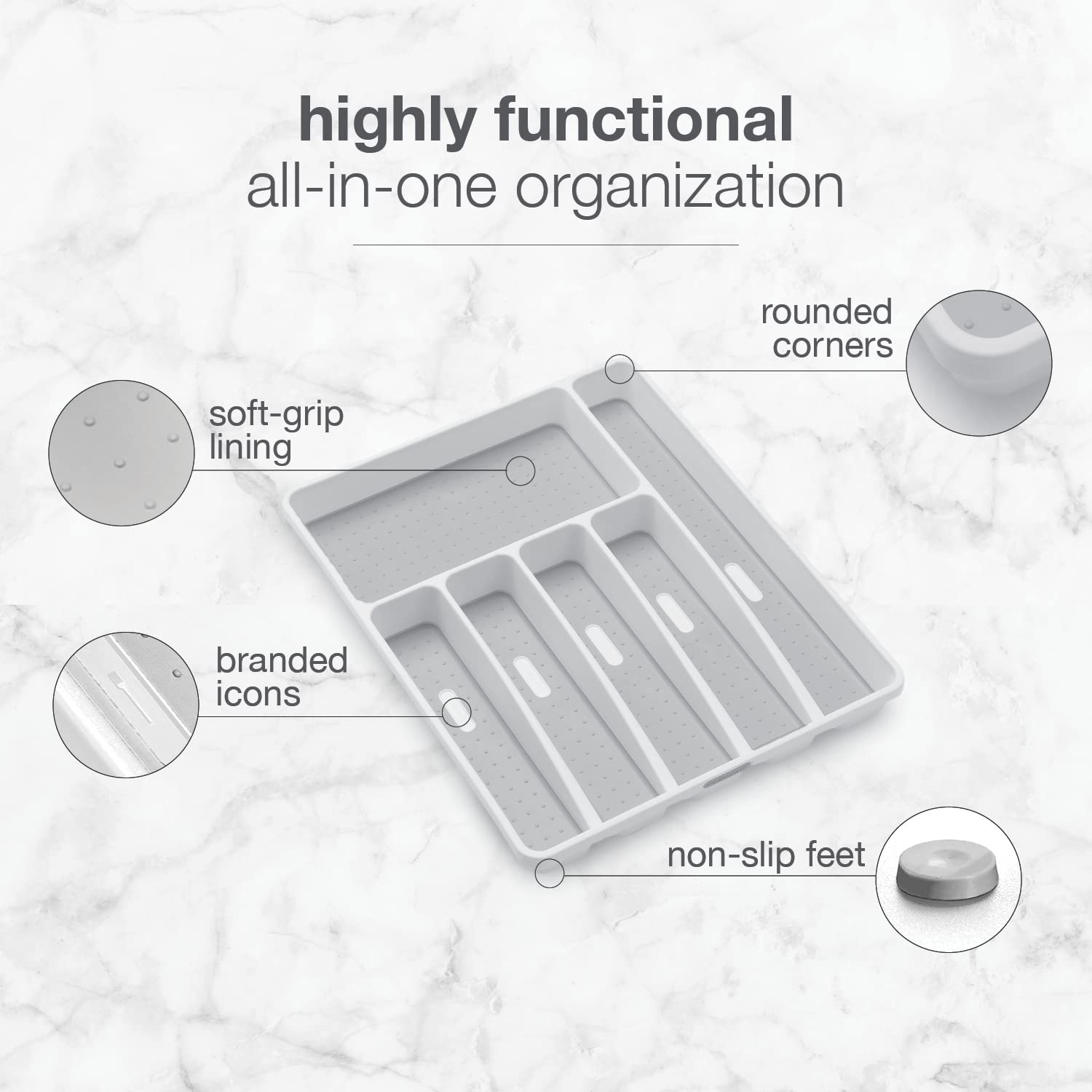 madesmart Classic 6 Compartment Silverware Tray, White