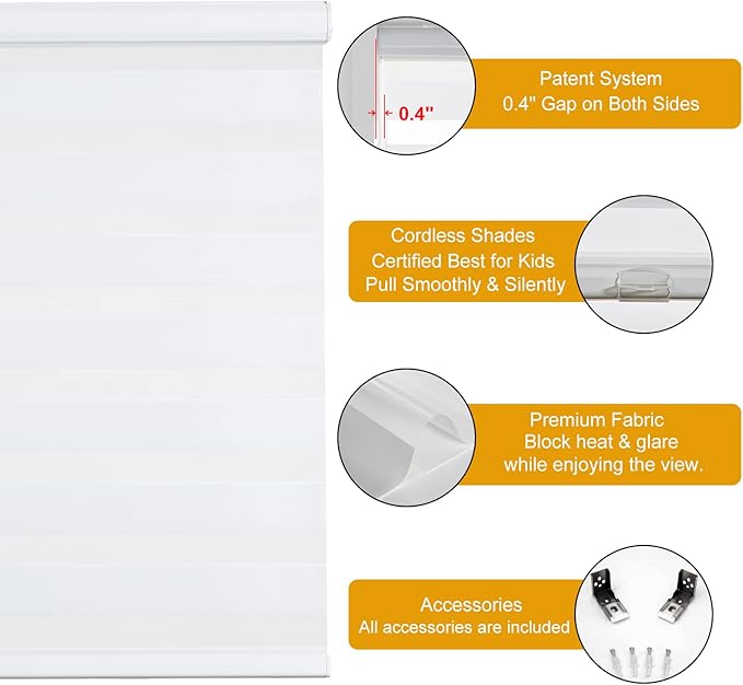 Persilux Cordless Zebra Blinds for Windows Free-Stop Roller Windows Shades (23" W X 64" H, White) Dual Layer Light Control for Day and Night, Light Filtering Sheer Shades for Home, Easy to Install