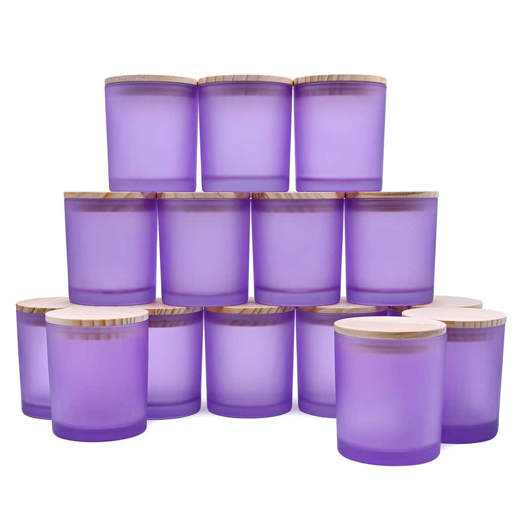 SHOWIN 10 OZ Thick Candle Jars for Making Candles 15 Pcs, Empty Jars with Wood Lids for Candle Making, Sample Container, Frosted Grey