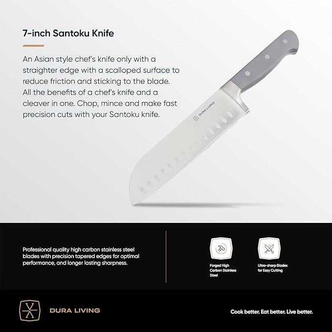 DURA LIVING 7-Inch Santoku Knife - Razor-Sharp High-Carbon Stainless Steel Blade, Forged Ergonomic Riveted Handle, Chef Knife for Chopping, Slicing & Dicing, Multipurpose Kitchen Knife, Home Chef