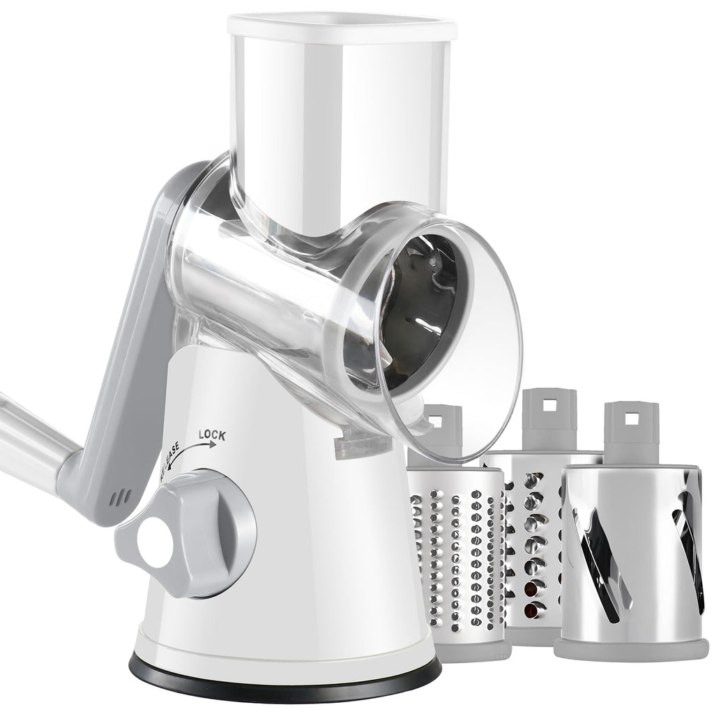 Ancevsk Cheese Grater Hand Crank, Rotary Vegetable Shredder with Handle and Strong Suction base, 3 in 1 Kitchen Speed Spin Veggie Slicer Nut Grinder for Pizza Top, Hash brown, Salad and More (Blue)