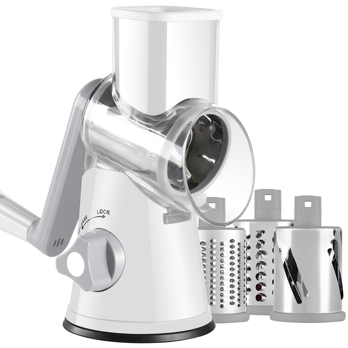 Ancevsk Cheese Grater Hand Crank, Rotary Vegetable Shredder with Handle and Strong Suction base, 3 in 1 Kitchen Speed Spin Veggie Slicer Nut Grinder for Pizza Top, Hash brown, Salad and More (Blue)