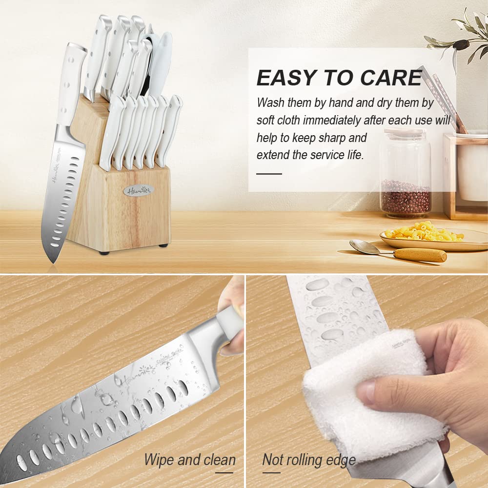 Harriet 14-Piece Knife Block Set, High-Carbon Stainless Steel Chef Knives with Triple Rivet Handles, Sharpening Steel & Multifunctional Shears | Santoku, Bread, Steak Knives & Wood Block