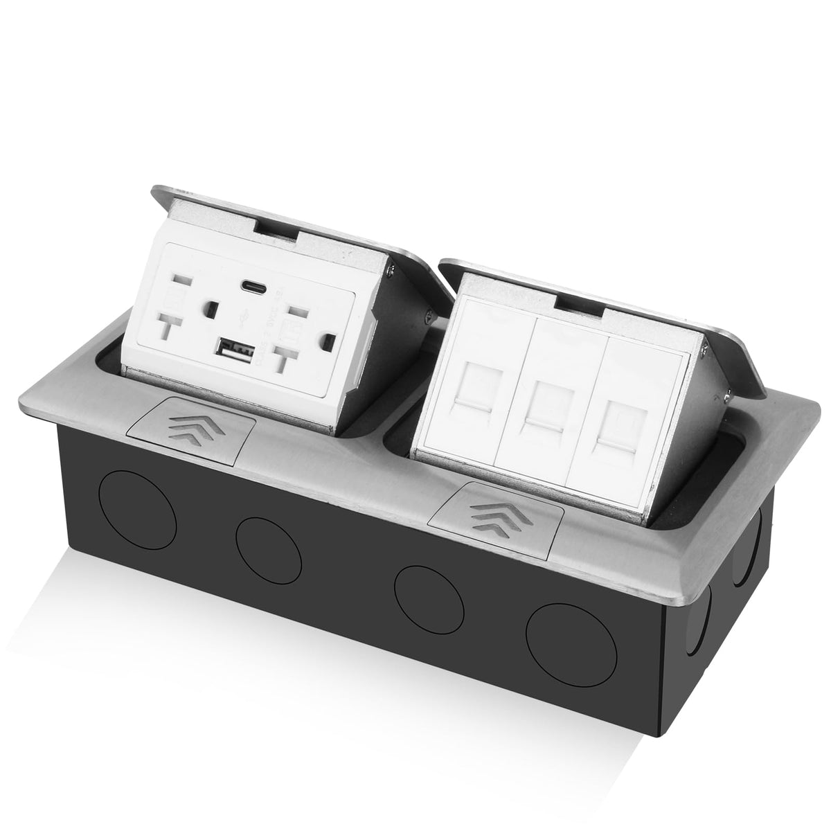 KYHSHJ Dual Pop-Up Floor Electrical Outlet Box Kit，20 Amp Stainless Steel GFCI TR Receptacle Outlet，3-Port RJ45 Datacom Receptacle， Black
