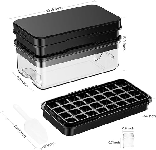 0.8“ Ice Cube Tray with Lid and Bin, PHINOX 56 Cubes Ice Trays for Freezer, Ice Cube Trays for Freezer with 2 trays, Container, Lid & Ice Scoop, BPA Free, Black(28Cubes/Tier)