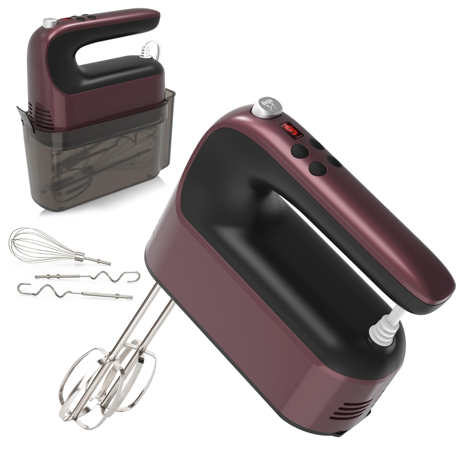 Yomelo 9-Speed Digital Hand Mixer Electric, 400W Powerful DC Motor, Hand Mixer Electric Handheld with Snap-On Storage Case, 5 Stainless Steel Accessories, Beaters, Dough Hooks, Whisk(Grape Purple)