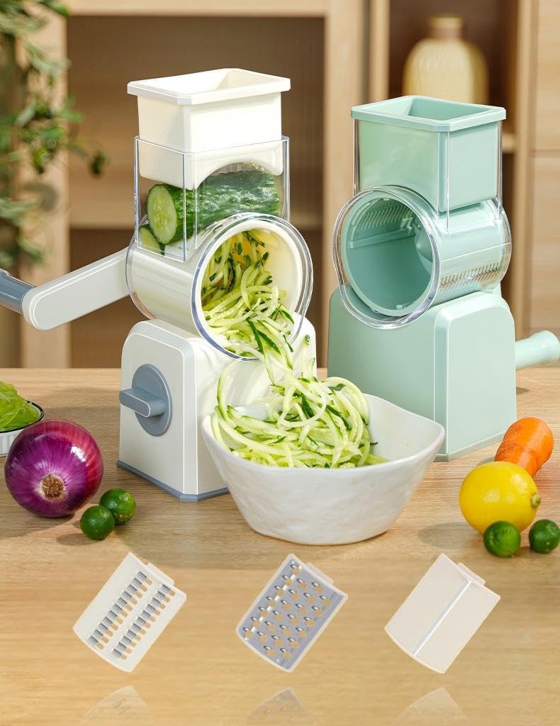 Rotary Cheese Grater with Hand Crank, Multi-Purpose Shredder Slicer with 3 Interchangeable Stainless Steel Blades for Shredding, Slicing, and Grating Cheese, Vegetables, and Fruit (Green)