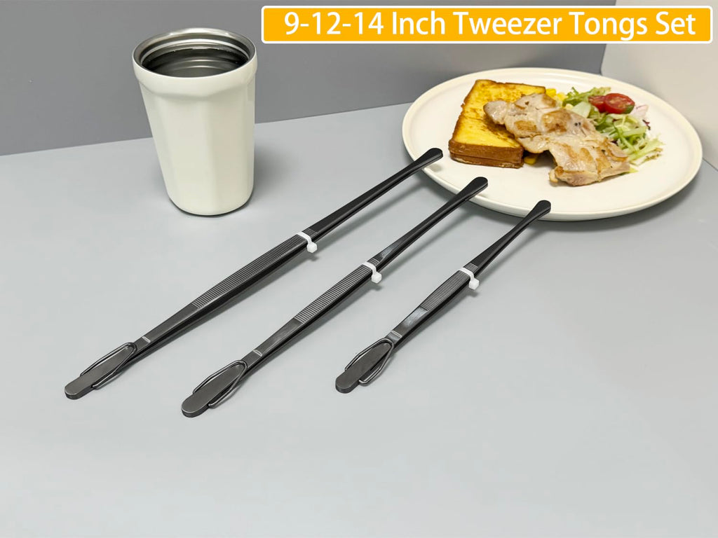 JETKONG 3 Pcs Extra Long Kitchen Tweezers 9 12 14 Inch Heavy Duty Stainless Steel Cooking Tweezers (Round Tips, Black)