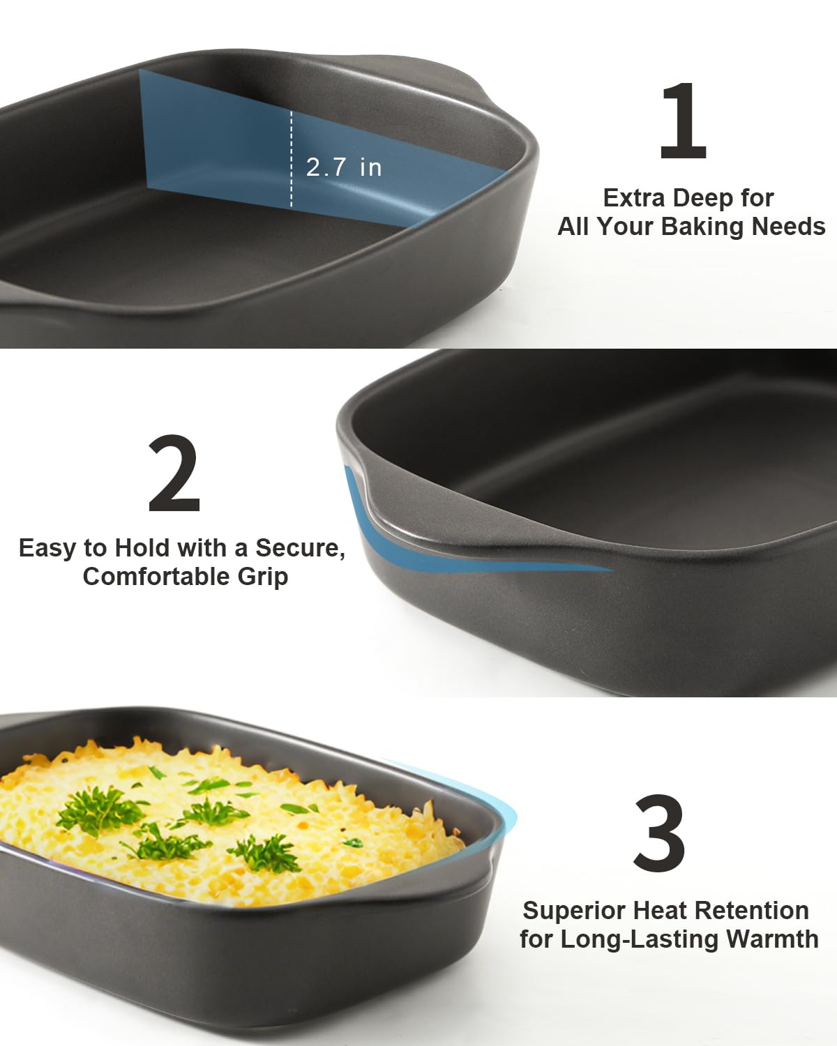 Tikooere Casserole Dish for Oven,Ceramic Baking Dishes， Stoneware Bakeware Set of 3，Deep Casserole Dishes for Baking，Casserole,Cake Dinner and Daily Use,0.63/1.8/4 QT，Matte Black