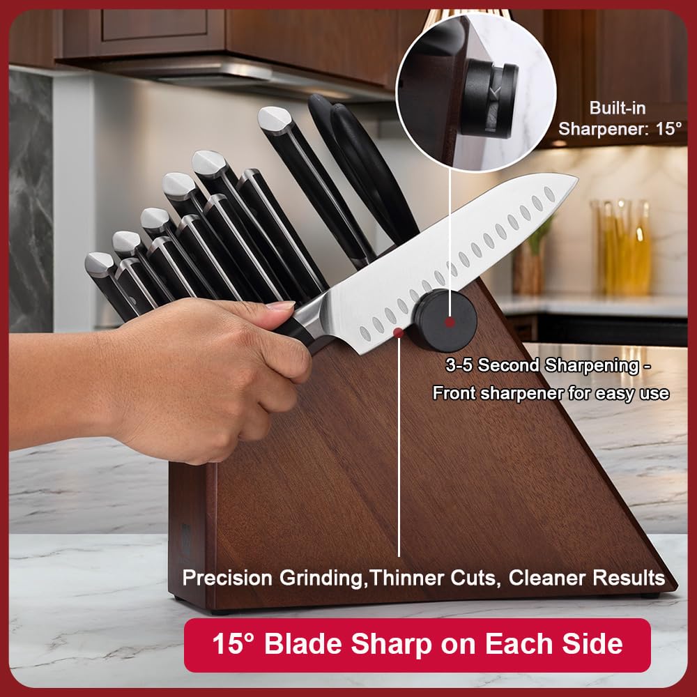 Knife Set,15-Piece Kitchen Knife Set with Block and Sharpener,50Cr15Mov High Carbon Stainless Steel,Razor Sharp Professional Knives,Ultra-Smooth knife,Ergonomic Black Anti-slip Handles,Dishwasher Safe
