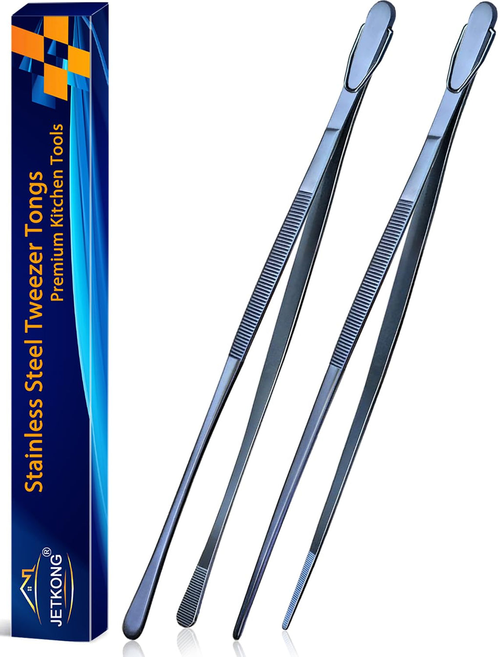 JETKONG 2 Pcs 12-Inch Cooking Tweezer Tongs Stainless Steel Kitchen Tweezers Plating Tongs (Navy Blue)