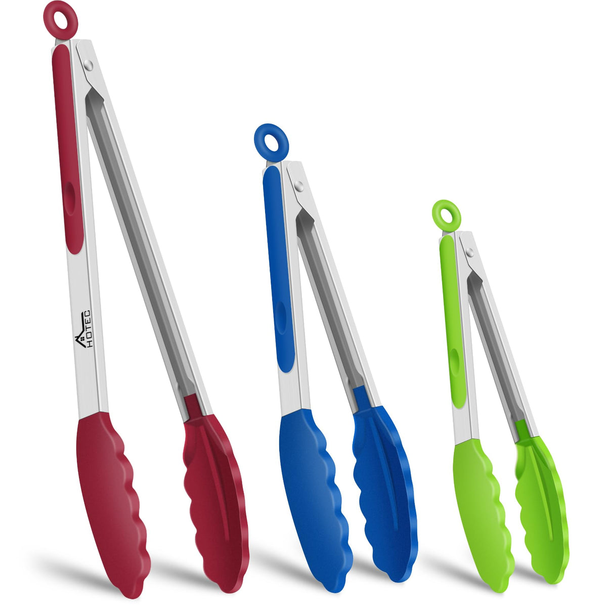 HOTEC Stainless Steel Kitchen Tongs with Silicone Tips, Set of 3-7",9" &12"