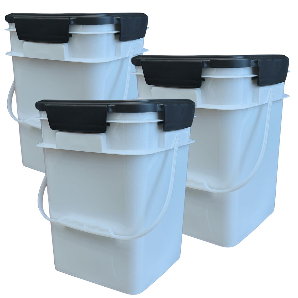 House Naturals 4 Gallon Square Food Grade Bucket Pail with Plastic Handles and Lid (Pack of 3) Made in USA containers (White)