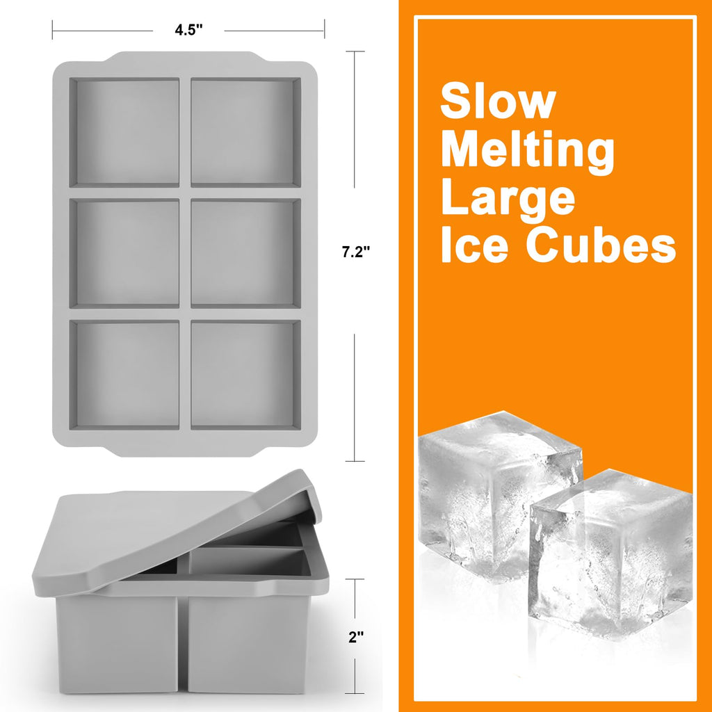 Nax Caki Large Ice Cube Tray with Lid Pack of 2, Stackable Big Silicone Square Ice Cube Mold for Whiskey Cocktails Bourbon Soups Frozen Treats, BPA Free