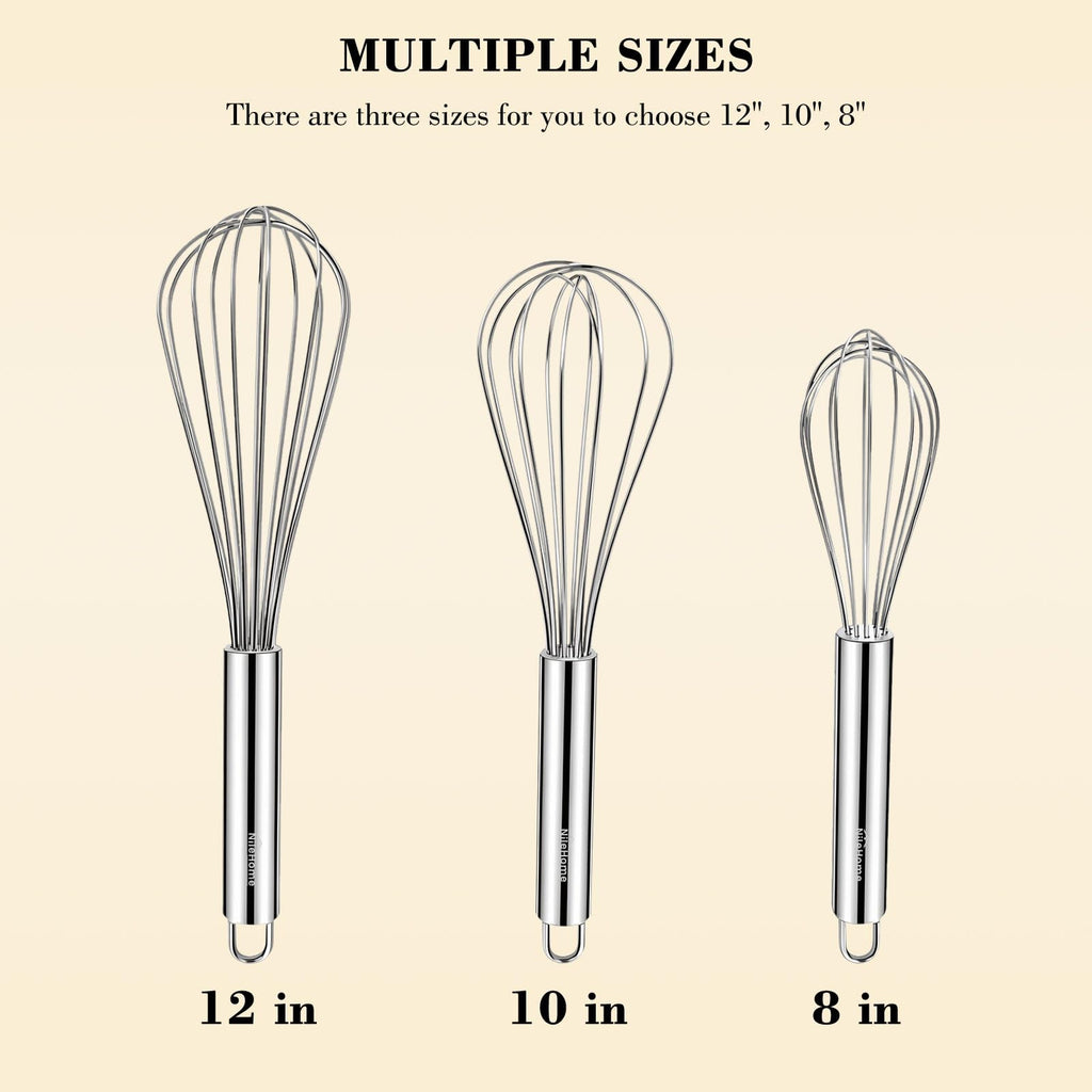 NileHome Stainless Steel Whisk Set 8" 10" 12" Kitchen Whisk Balloon Whisk Kitchen Wisk Wire Whisks for Cooking, Whisking, Blending, Beating, Stirring-3 Pack…