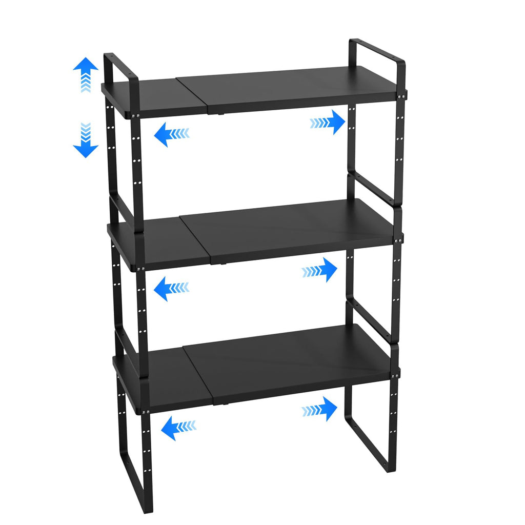 KIKIBRO Expandable Cabinet Shelf Organizer, Stackable Kitchen Pantry Counter Storage, Adjustable Closet Cupboard Stand Rack Risers Spice Organization 80LBS Heavy Duty Black Large 2 Pack