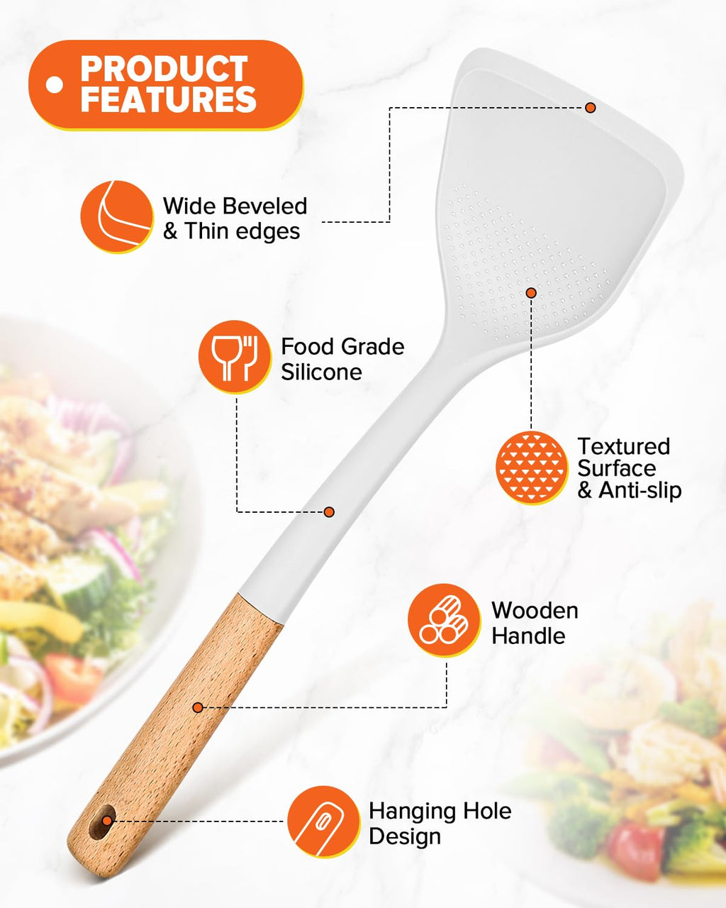 Silicone Wok Spatula Turner Set, Perfect for Scooping, Flipping, Lifting Pancakes and Picking up Veggies, BPA-Free Matte Silicone, Wooden Handles, Safe for Nonstick Cooking Surfaces (White)