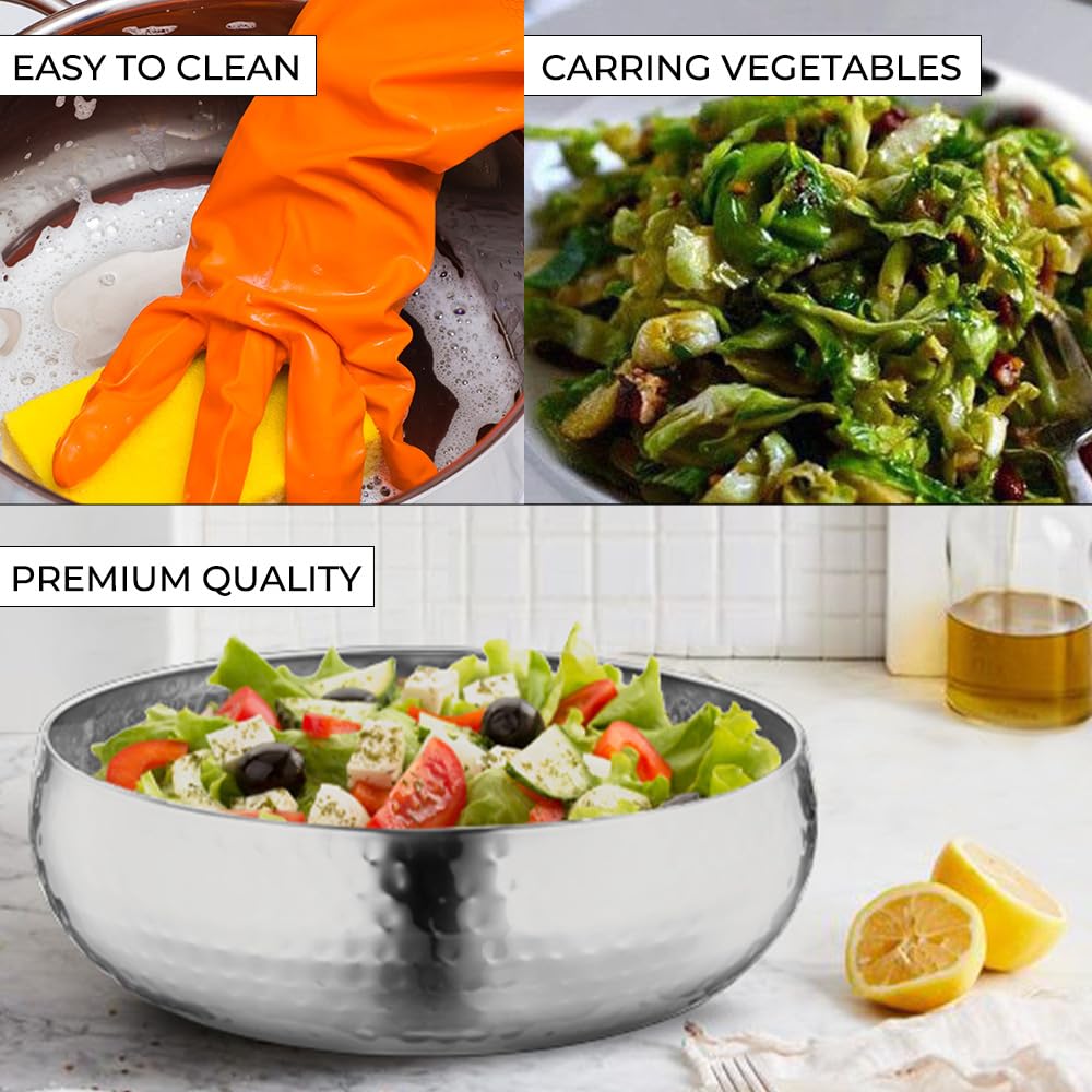 Avador® Set of 3 Premium Stainless Steel Salad Mixing Bowl Hammered Finish | Handmade | Includes Salad Serving Utensils (Stainless Steel)