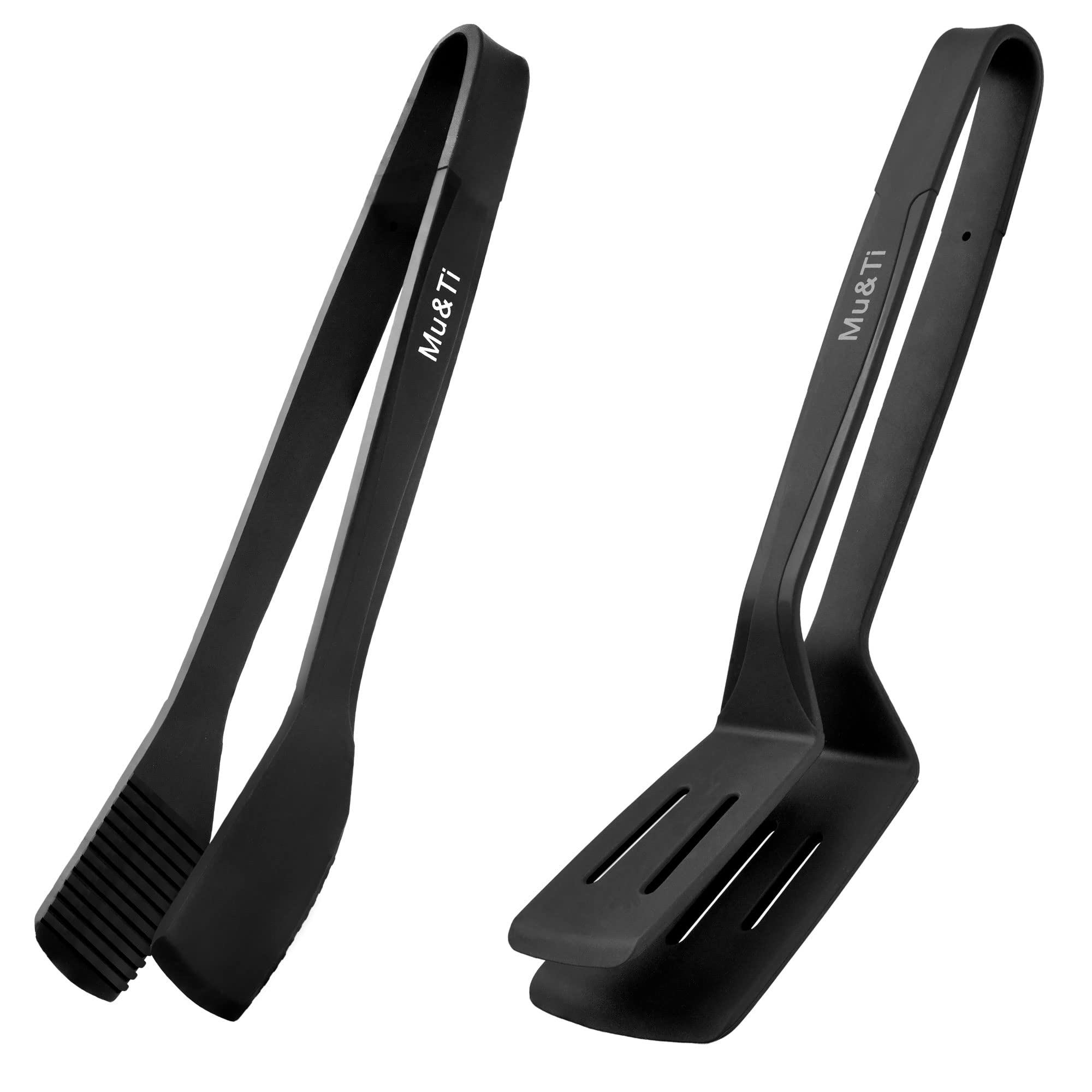 Mu&Ti Silicone Kitchen Tongs 2-in-1 11 In Premium Stainless Steel Barbecue Clamp Multipurpose BBQ Clamp Spatula for Gripper Bread Clip/Fried Steak Clamp/Flipping Fish/Beefsteak Flipper Two Set(Black)
