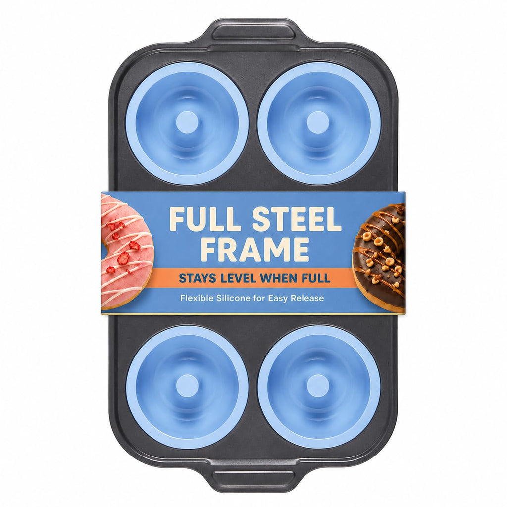 BRONYPRO Silicone Donut Pan for Baking with Metal Reinforced Frame, 6-Cavity Nonstick Doughnut Mold, Large Donut Size, Food-Grade Bakeware, Oven Dishwasher Freezer Safe, Blue