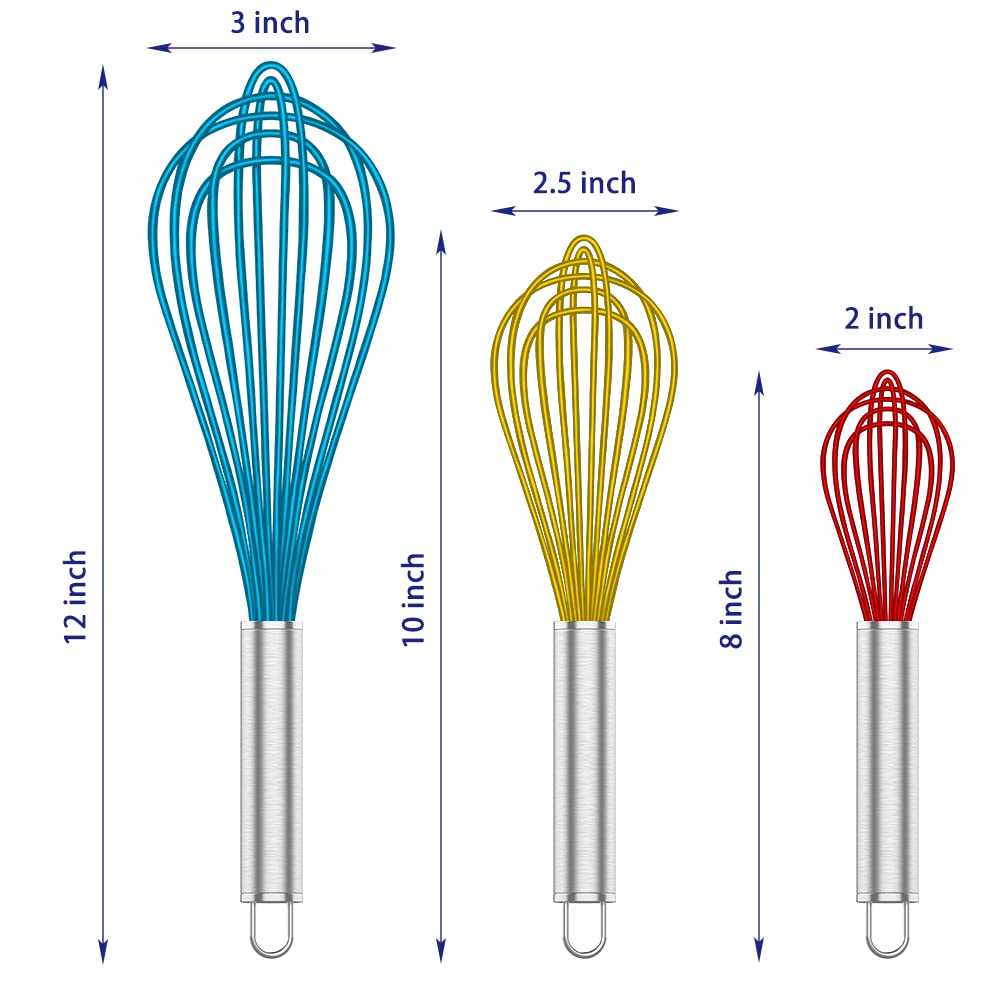 OYV Whisk,Sturdy Stainless Steel Wires Coated in Professional Silicone,3 Pack Whisks for Cooking,Mini Whisk,Colored Balloon Egg Beater for Blending,Whisking,Beating,Stirring,Cooking,Baking (Multi)