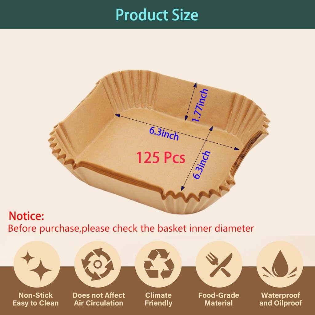 Feetibuo parchment paper for air fryer, 6.3inch square air fryer liners disposable,125PCS Non-stick parchment paper sheets for 3-5QT airfryer liners, Baking, Roasting Microwave
