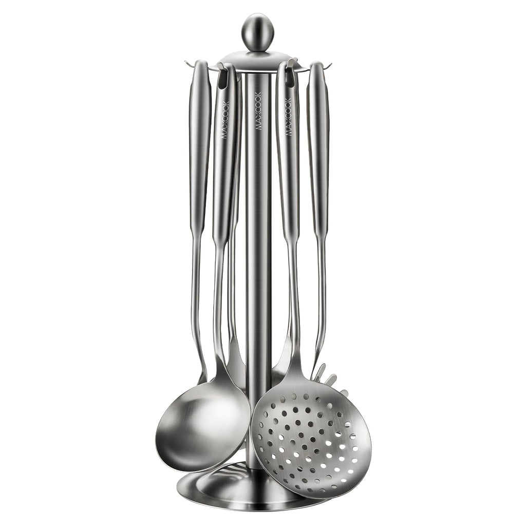 MAXCOOK Stainless Steel Cooking Utensils set, 18/8 Stainless Steel Kitchen Utensils set, 7 Pieces Cookware Set with Rotating Holder, Heat Resistant Stainless Steel Cooking Spoon(Dishwasher Safe)