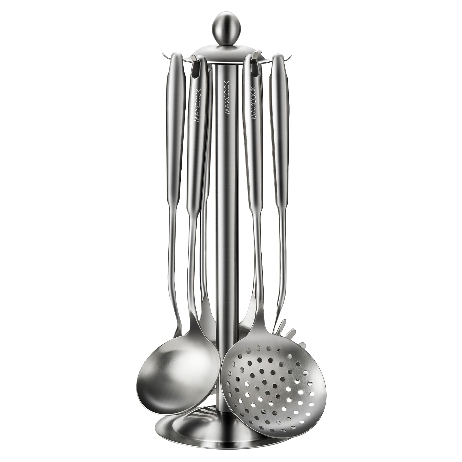 MAXCOOK Stainless Steel Cooking Utensils set, 18/8 Stainless Steel Kitchen Utensils set, 7 Pieces Cookware Set with Rotating Holder, Heat Resistant Stainless Steel Cooking Spoon(Dishwasher Safe)