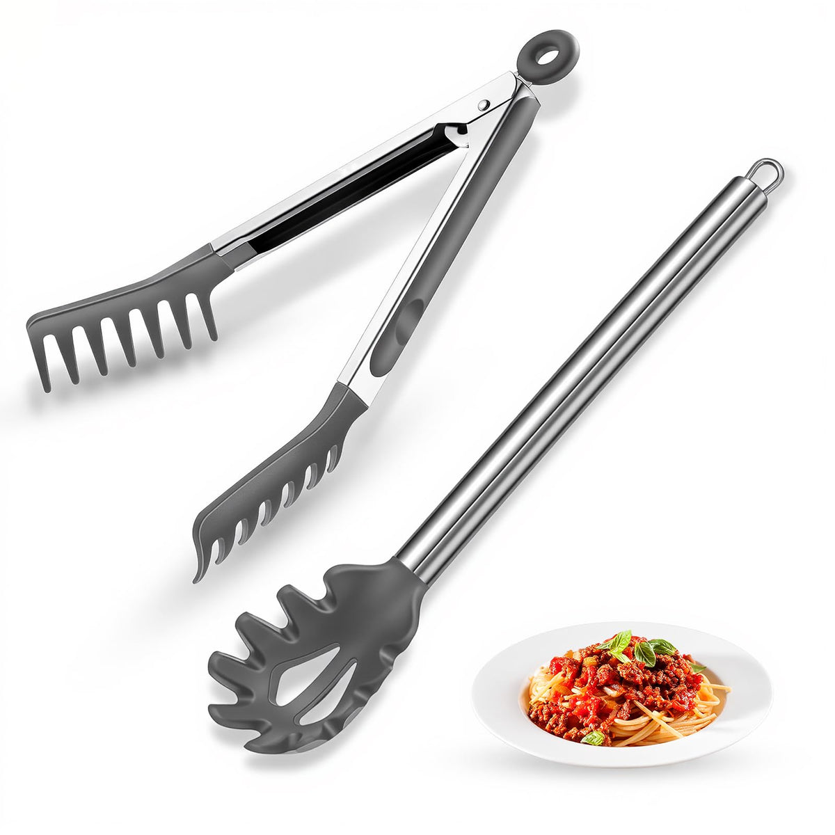 Spaghetti Spoon and Pasta Tong with Grip Teeth and Drain Holes, 2-Piece Non-Stick Silicone Head with Stainless Steel Handle, Heat Resistant Food Grade Utensils for Cooking, Serving, Salad and Noodles