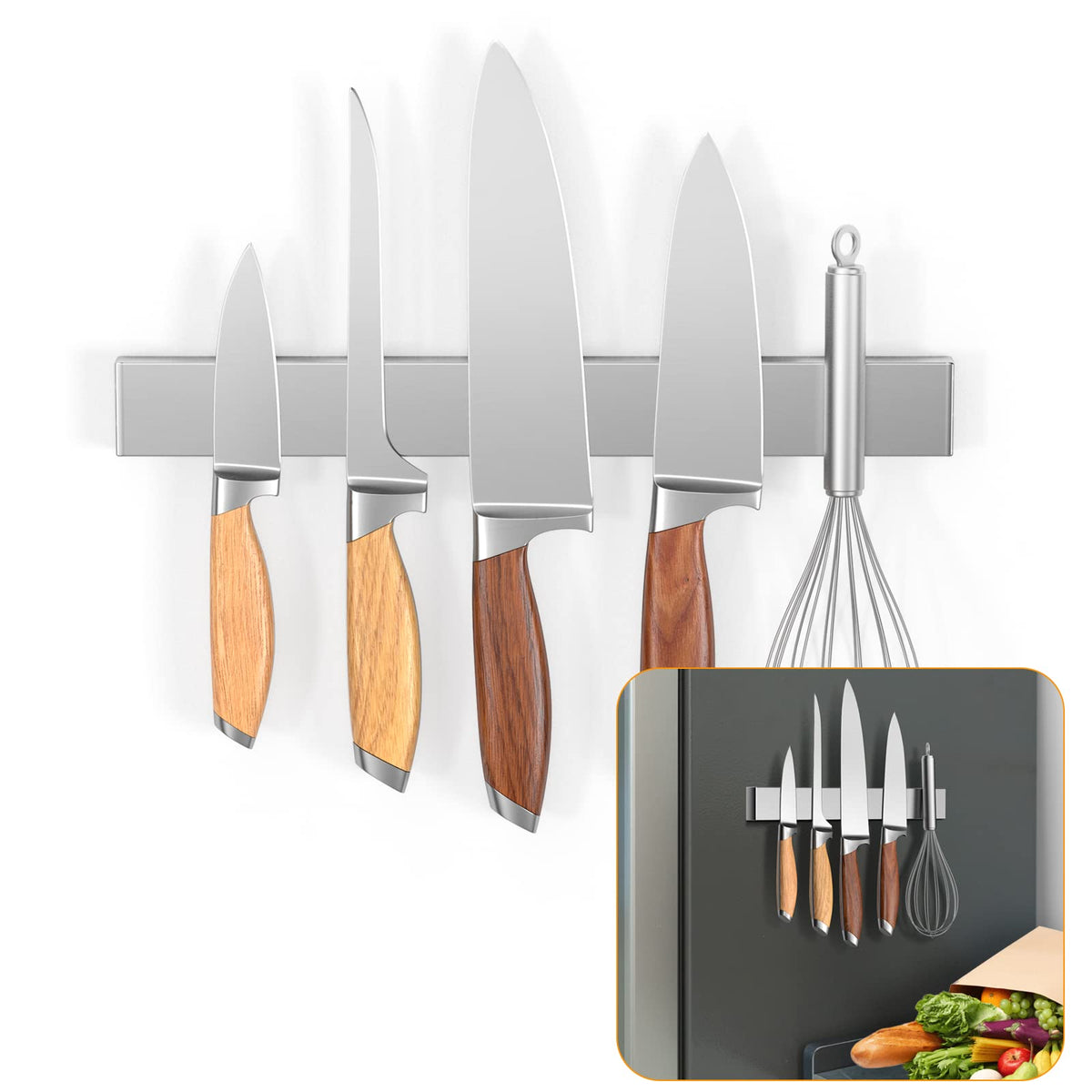 Ninonly 20 Inch Magnetic Knife Holder for Refrigerator, Stainless Steel Double Sided Magnet Knife Strip for Wall, No Drilling Magnetic Knife Rack with Powerful Magnetic Pull Force Fridge Applicable