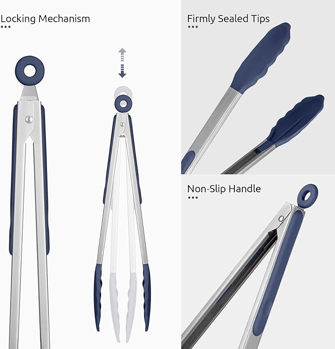 Heat Resistant Silicone Kitchen Tong: U-Taste 12 inch Large 480ºF Hot Proof Cooking Tong with Sturdy Non Stick Rubber Tips & Silicon Coated Steel Handle & Smooth Locking for Serving (Midnight Blue)